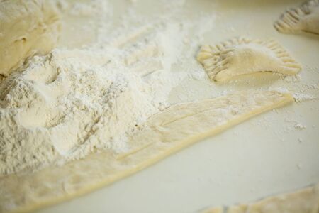 Fresh dough and flour for making pizza and dumplingsの写真素材