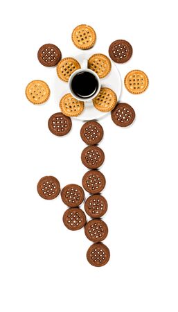 Chocolate and vanilla round cookies laid out in the shape of a flower on a white backgroundの写真素材