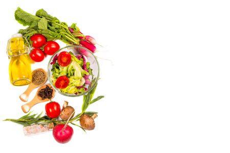 Fresh spring vegetables, salad, spices on a white backgroundの写真素材