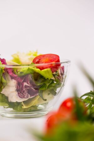 Fresh spring vegetables, salad, spices on a white backgroundの写真素材