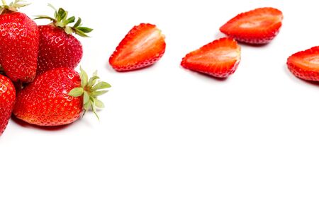 Ripe red strawberries on a white backgroundの写真素材