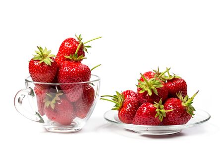 Ripe strawberries on a white background, closeの写真素材