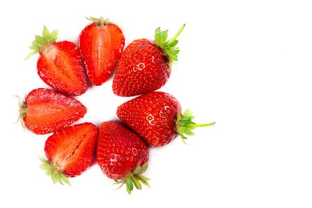 Ripe red strawberries on a white backgroundの写真素材
