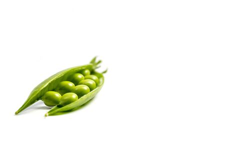 Ripe green peas on a white background, after assembly on the farmの写真素材