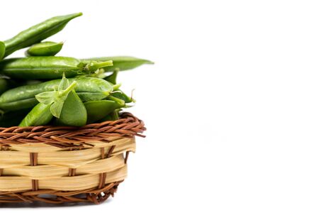 Ripe green peas on a white background, after assembly on the farmの写真素材