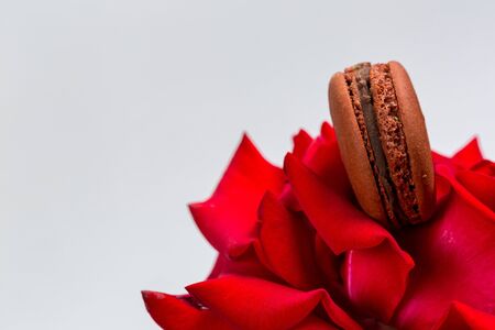 Tasty macaroon cookies and red rose on a white backgroundの写真素材