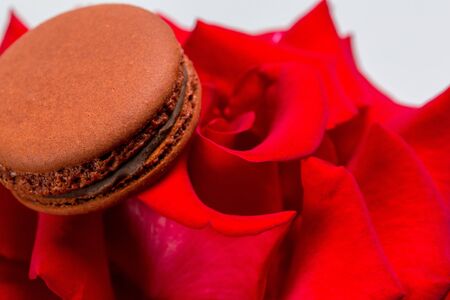 Tasty macaroon cookies and red rose on a white backgroundの写真素材