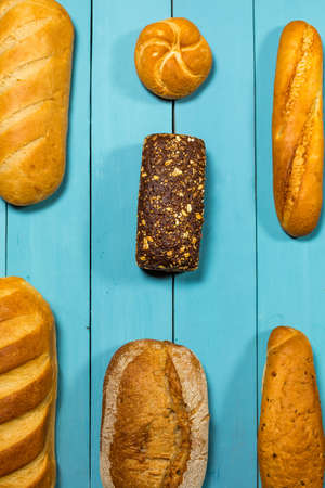 Fresh gluten free bread on blue backgroundの写真素材