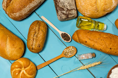 Fresh gluten free bread on blue background