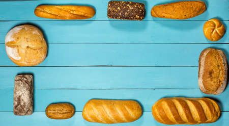 Fresh gluten free bread on blue backgroundの写真素材