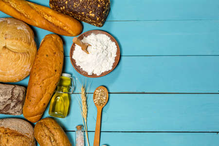 Fresh gluten free bread on blue backgroundの写真素材