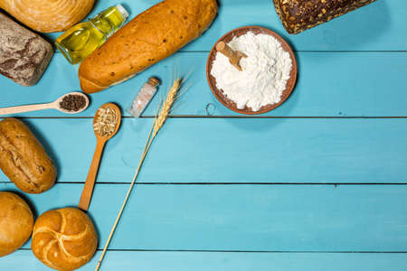 Fresh gluten free bread on blue backgroundの写真素材