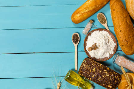Fresh gluten free bread on blue backgroundの写真素材