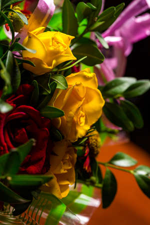 Bouquet of roses of different colors closeの写真素材