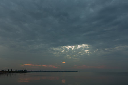 Dramatic sunrise over the river. Orange sunriseの写真素材