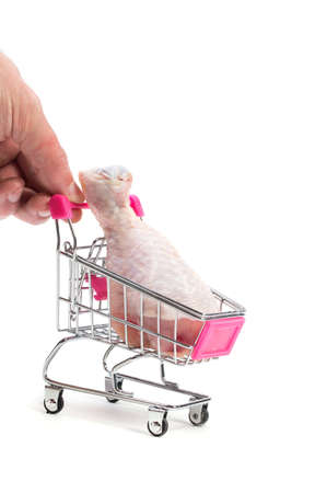 Fresh chicken meat in shopping cart isolated on white backgroundの写真素材