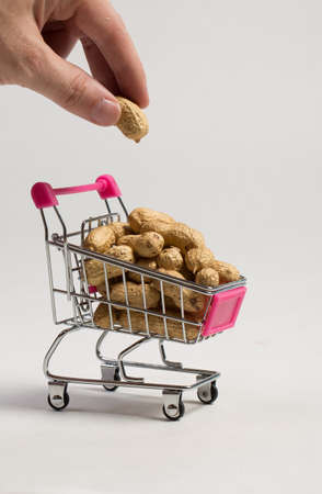 Peanuts in a shell in a shopping cart on a white background, healthy foodの写真素材