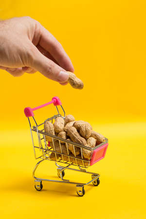 Peanuts in shell in a shopping cart on a yellow background, healthy foodの写真素材
