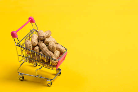 Peanuts in shell in a shopping cart on a yellow background, healthy foodの写真素材