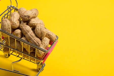 Peanuts in shell in a shopping cart on a yellow background, healthy foodの写真素材