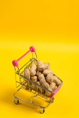 Peanuts in shell in a shopping cart on a yellow background, healthy foodの写真素材