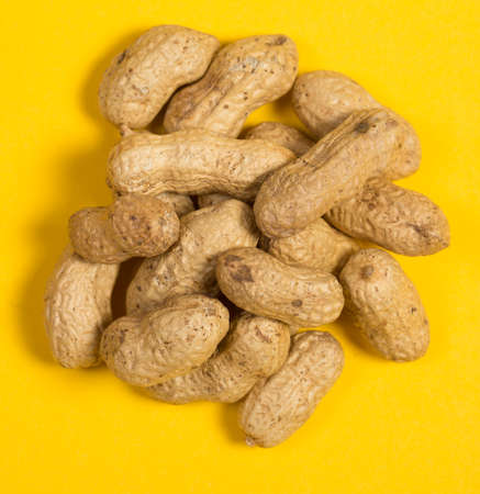 Peanuts in shell on yellow background, healthy foodの写真素材