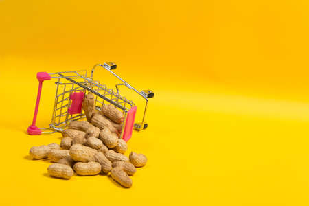 Peanuts in shell in a shopping cart on a yellow background, healthy foodの写真素材
