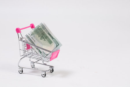 Small shopping cart with dollars, money in shopping cart, shoppingの写真素材