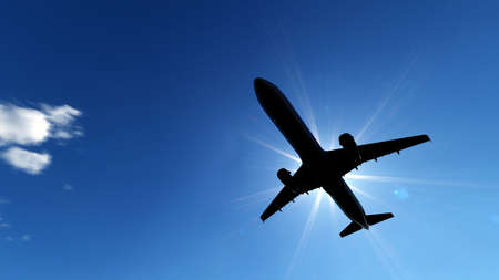 Photorealistic 3d render of a flying airplane against the background of the sun and blue sky. 3D...