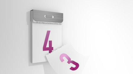 3d rendering of a minimalistic tear-off calendar. 3d illustration of changing days from 3 to 4. Falling page of the past day.の写真素材