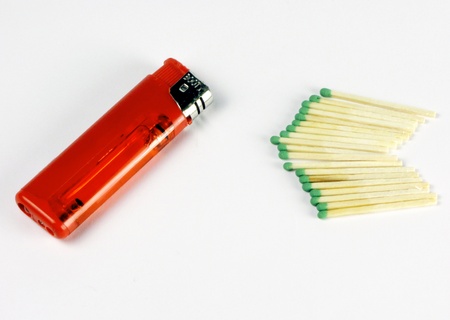Matches and a lighter on white background                           