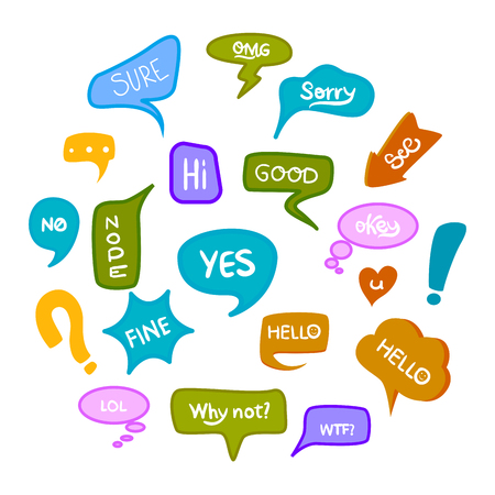 Fun Hand drawn set of varicolored speech bubbles with handwritten short phrases yes, ok, what's up, omg, good, no, yes, hello, wtf, hi, fineのイラスト素材