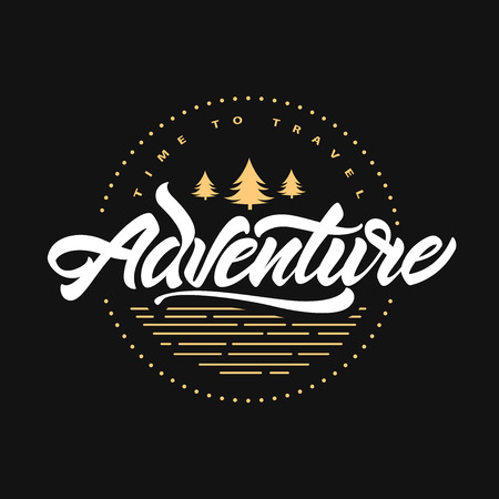 Adventure awaits. Time to travel. Lettering inspiration typography poster with fir tree. Hipster vector logo illustration.のイラスト素材