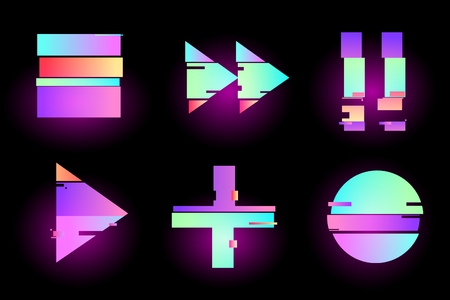 Set of abstract minimal template design for branding, advertising, retro, synthwave holographic in geometric glitch style.Play, pause, record, play buttons. Vector illustrationのイラスト素材