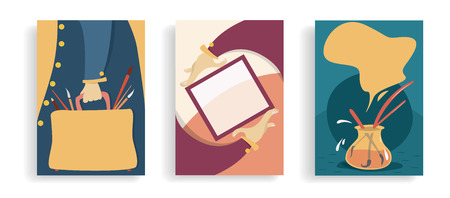 Set of art banners. Exhibition, art lessons ,market . concept . Cartoon hands with frame, bag with brushes and artists . Colourful flat posters. Vectorのイラスト素材