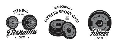 Set of bodybuilding , fitness emblems or logos with Weightlifting barbell, sport discs for dumbbell. Premium .Gym. Vector illustration design. Vector illustration design.のイラスト素材