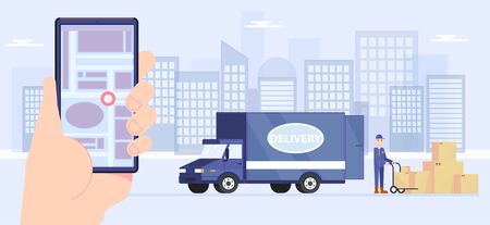 Service delivery and logistics with phone app. Worker with boxes.Move. Staff and transport. Tracking the van. Flat vectorのイラスト素材