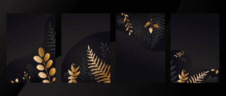 Big set with invite card design. Golden vector leaves style. Collection foil brochure .