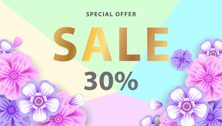 Big spring gold sale flyer with flowers in realistic style. Invitation, posters, brochure, voucher discount. Vector illustration designのイラスト素材