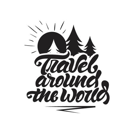 Travel around the world in lettering style. Travel with sun and trees illustration. Vector illustration design.のイラスト素材