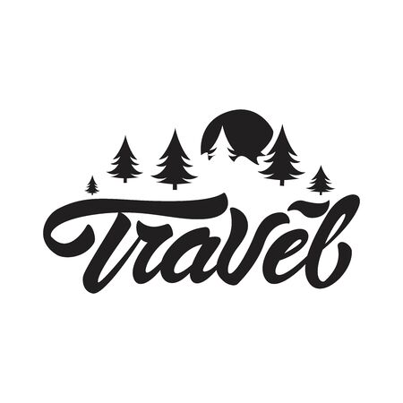 Travel logo in lettering style. Travel with sun and trees illustration. Vector illustration design.のイラスト素材