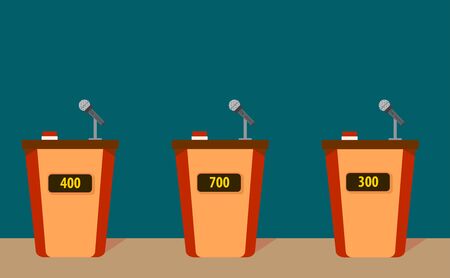 Quiz game with three tables. Colorful flat cartoon vector illustration. Quiz brainy game.のイラスト素材