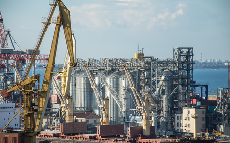 View of the container terminal. Commercial port, City Odessa, Ukraine, June 2019. Night Lights.のeditorial素材