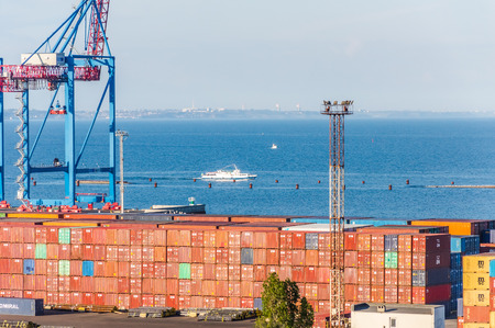 View of the container terminal. Commercial port, City Odessa, Ukraine, June 2019. Night Lights.のeditorial素材