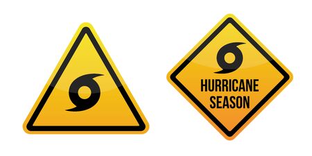 Storm weather alert. Warning signs labels. Yellow and red. Isolated on white background.のイラスト素材