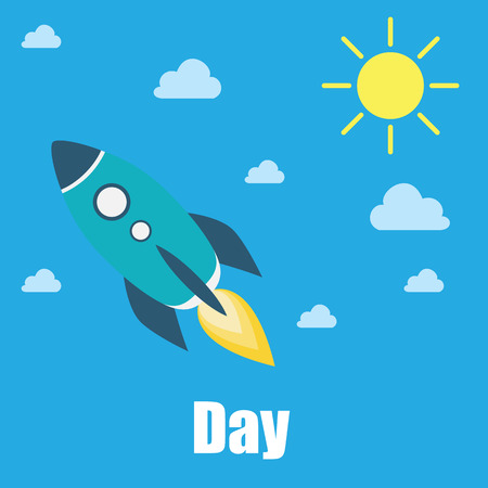 rocket in the daytime sky with clouds and sun. vector. isolatedのイラスト素材