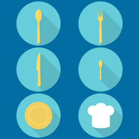 set of tableware, along with chief hat in flat. vectorのイラスト素材