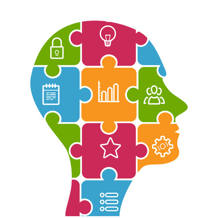 puzzle human face infographic. Cycle brainstorming business diagram. Creativity, generating idea, minds flow, thinking, imagination and inspiration concept.のイラスト素材