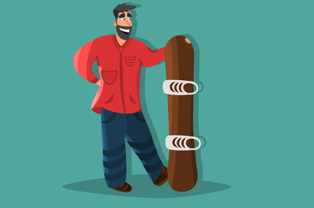 Cartoon snowboarder with snowboard. Flat design of winter sportのイラスト素材