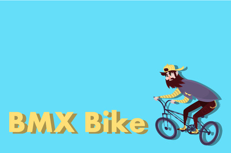 Stylish comic hipster on the bmx bike with beard on blue background. Cartoon manのイラスト素材
